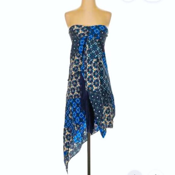 SiLK BCBGMaxAzria Strapless Asymmetrical Dress Enid Fringe Patchwork Boning 4 - Picture 2 of 11